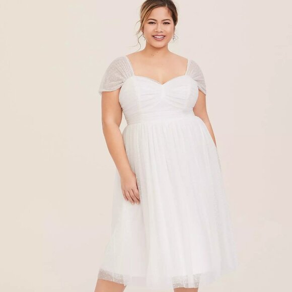 Special Occasion Ivory Dot Mesh Midi Skater Dress - Picture 1 of 11